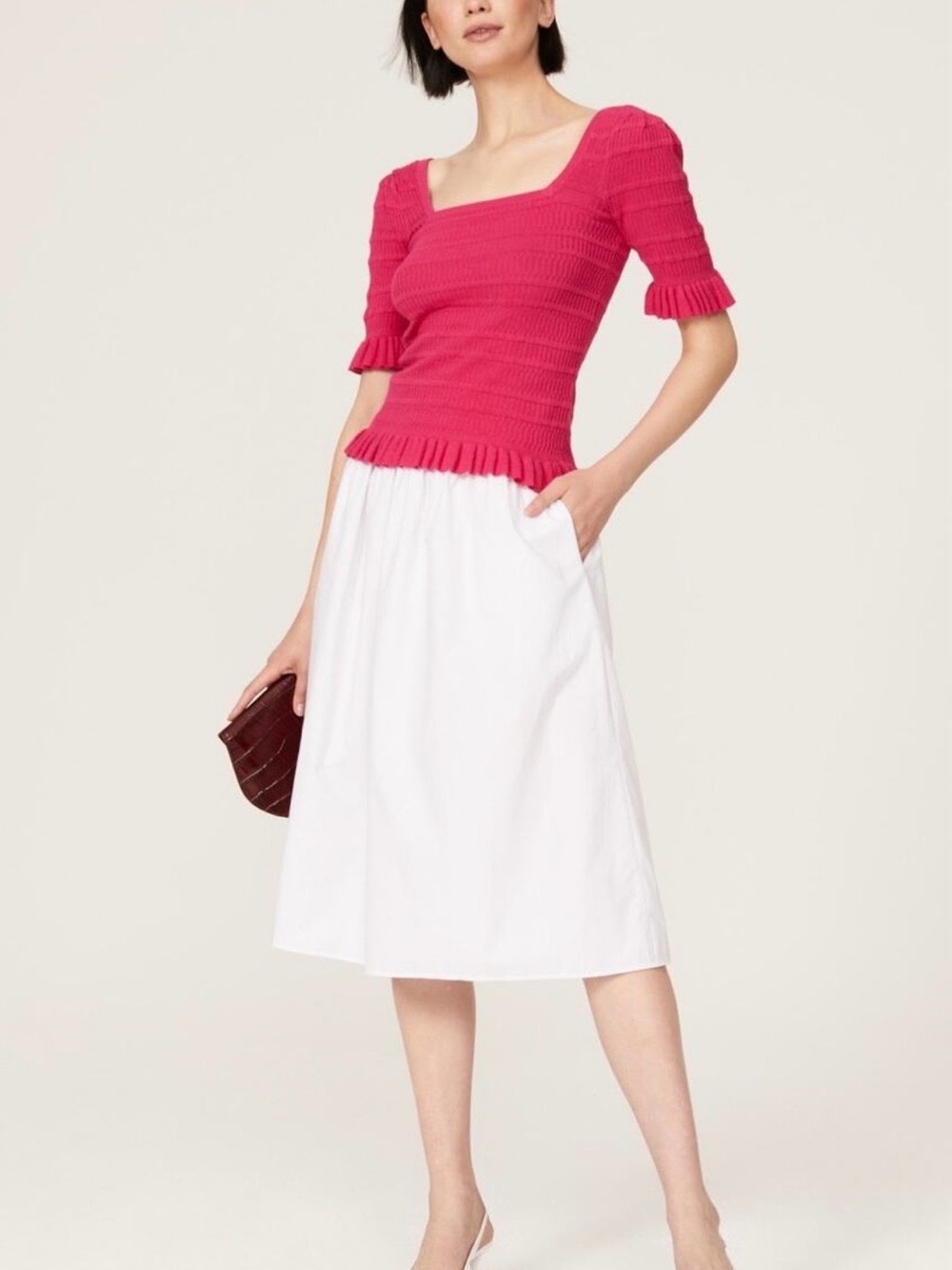 Adam Lippes Bright Pink Short Sleeve Sweater with Ruffle Sleeves